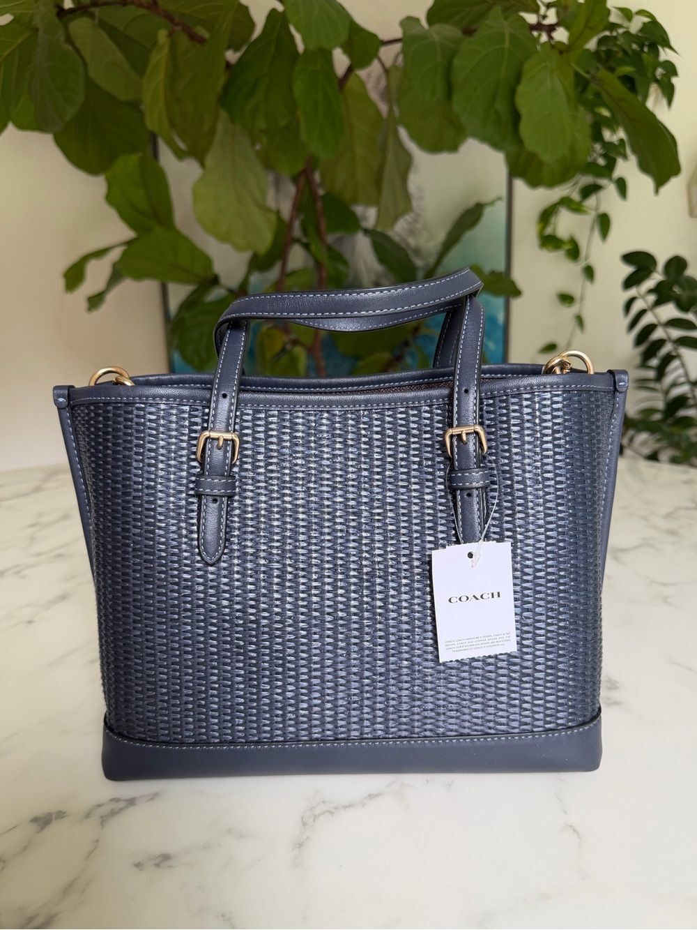 NWT Coach CH210 Mollie Tote 25 in Straw & Smooth Leather Midnight Navy Multi - Picture 6 of 16